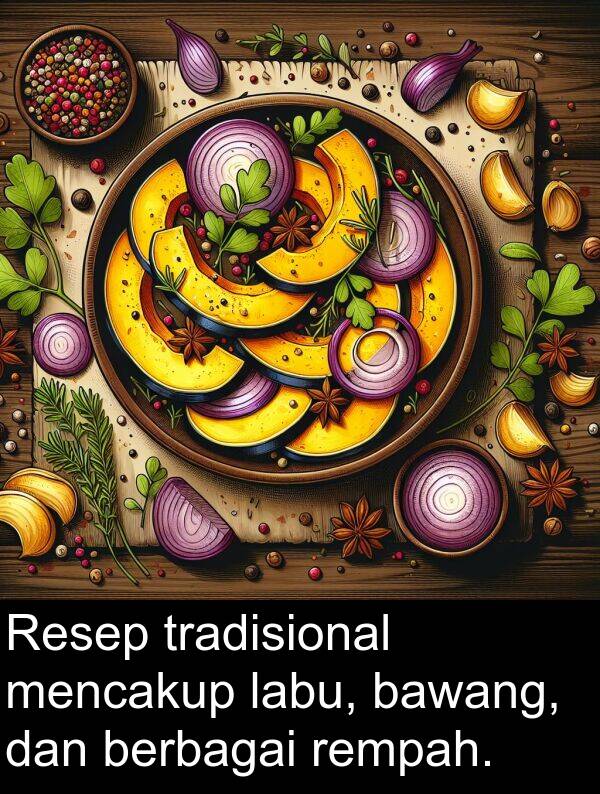 rempah: Resep tradisional mencakup labu, bawang, dan berbagai rempah.