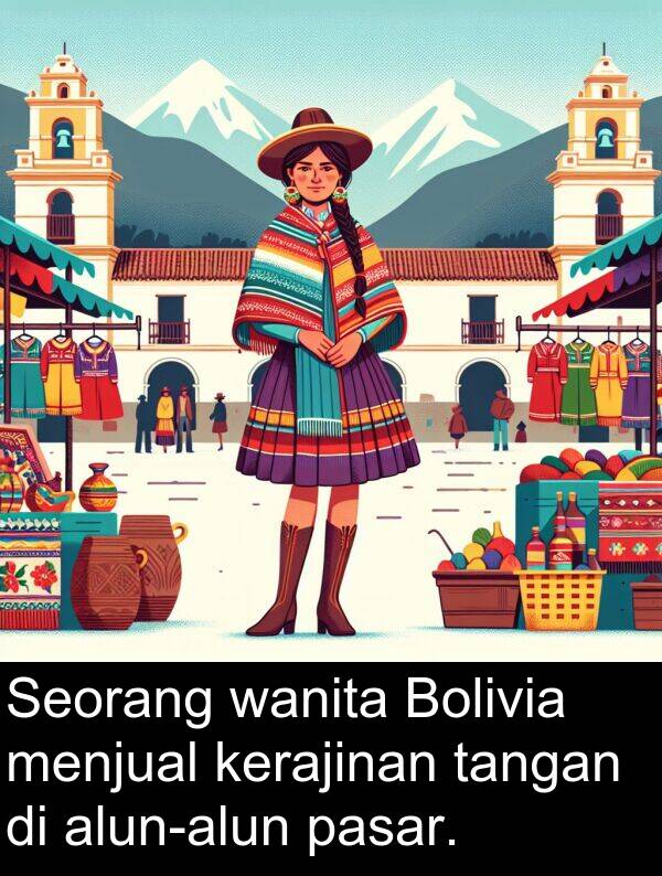 pasar: Seorang wanita Bolivia menjual kerajinan tangan di alun-alun pasar.