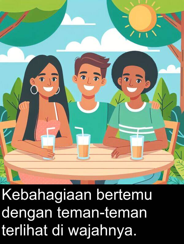 wajahnya: Kebahagiaan bertemu dengan teman-teman terlihat di wajahnya.