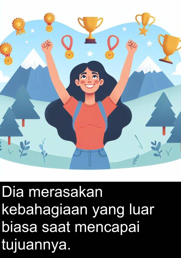 luar: Dia merasakan kebahagiaan yang luar biasa saat mencapai tujuannya.