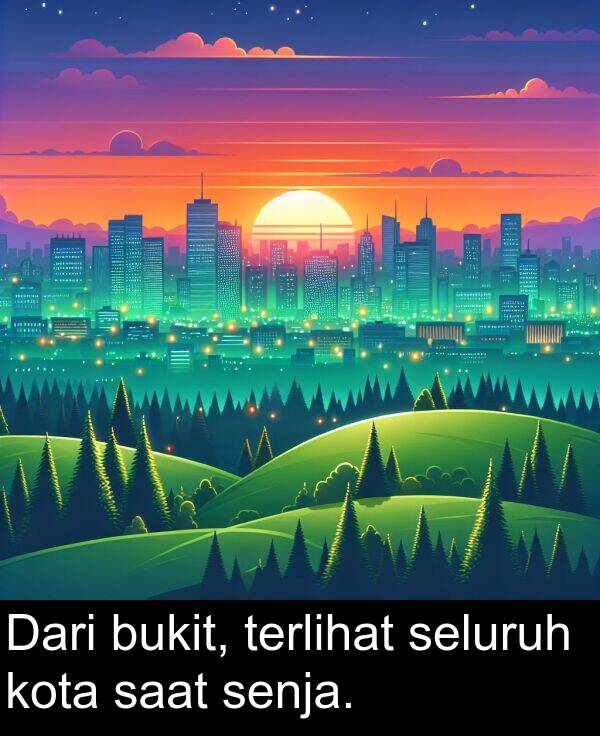 senja: Dari bukit, terlihat seluruh kota saat senja.
