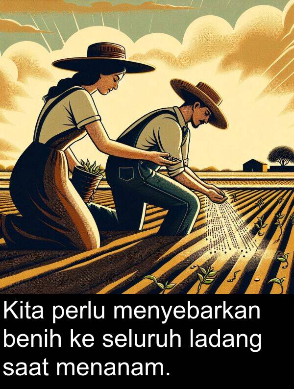 seluruh: Kita perlu menyebarkan benih ke seluruh ladang saat menanam.