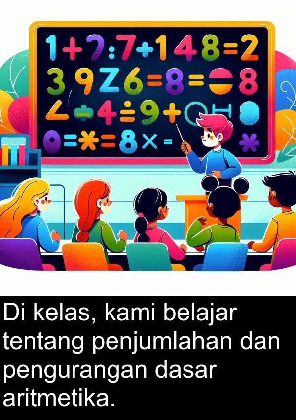 kelas: Di kelas, kami belajar tentang penjumlahan dan pengurangan dasar aritmetika.
