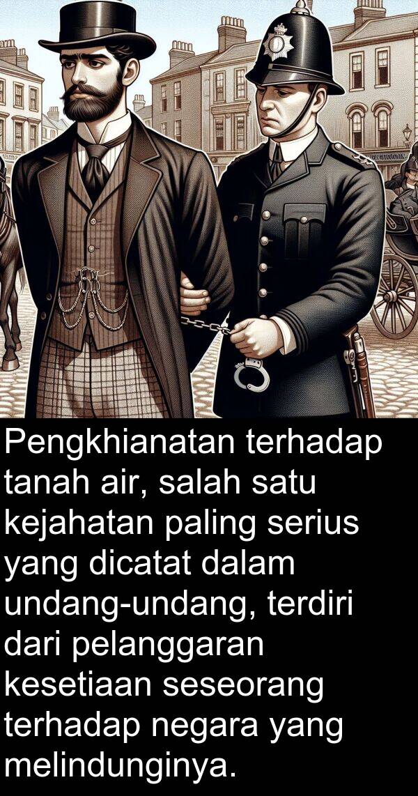 pelanggaran: Pengkhianatan terhadap tanah air, salah satu kejahatan paling serius yang dicatat dalam undang-undang, terdiri dari pelanggaran kesetiaan seseorang terhadap negara yang melindunginya.