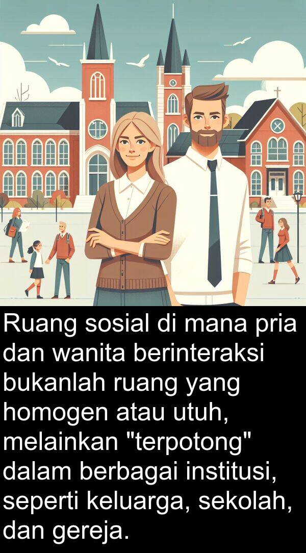 homogen: Ruang sosial di mana pria dan wanita berinteraksi bukanlah ruang yang homogen atau utuh, melainkan "terpotong" dalam berbagai institusi, seperti keluarga, sekolah, dan gereja.