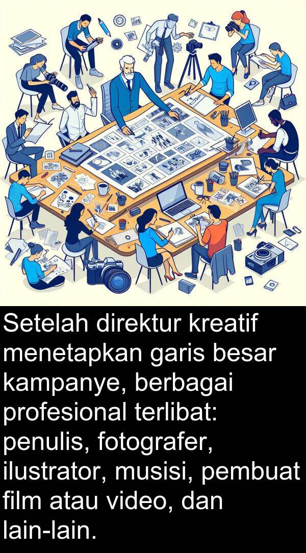 terlibat: Setelah direktur kreatif menetapkan garis besar kampanye, berbagai profesional terlibat: penulis, fotografer, ilustrator, musisi, pembuat film atau video, dan lain-lain.