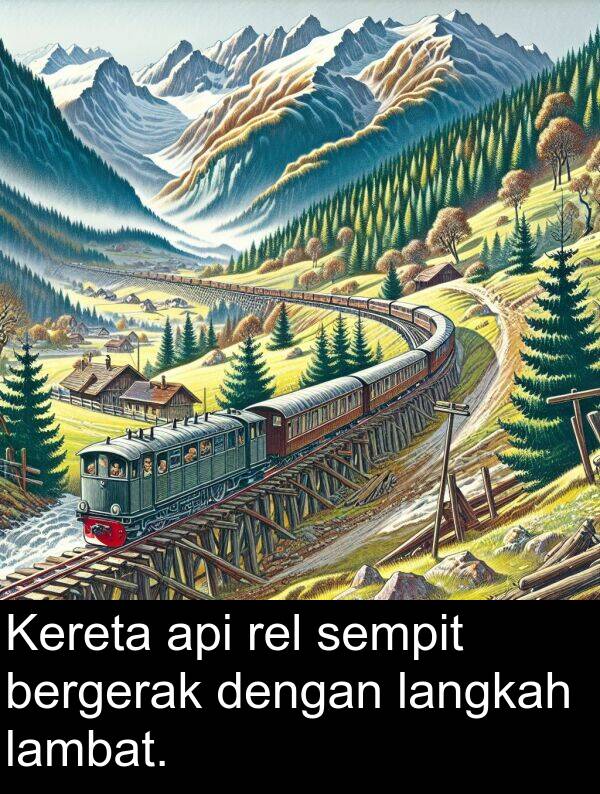sempit: Kereta api rel sempit bergerak dengan langkah lambat.