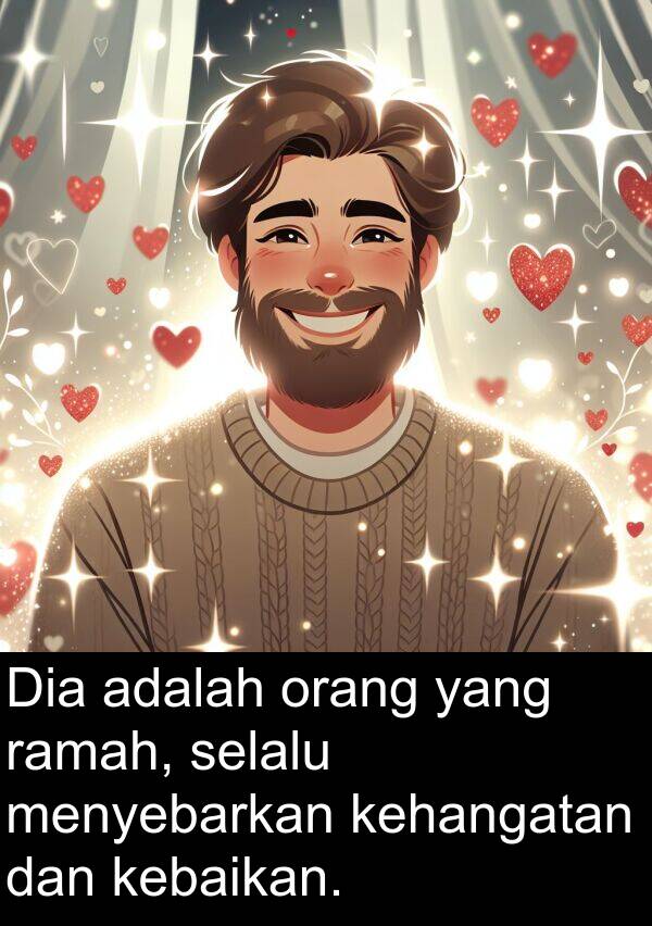 ramah: Dia adalah orang yang ramah, selalu menyebarkan kehangatan dan kebaikan.