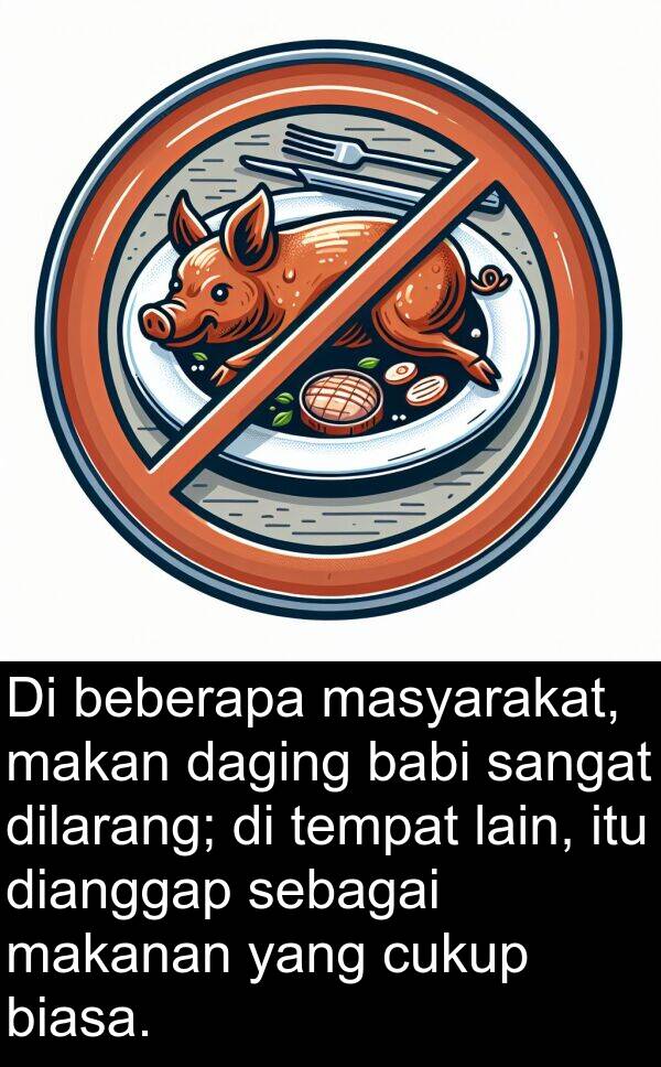 masyarakat: Di beberapa masyarakat, makan daging babi sangat dilarang; di tempat lain, itu dianggap sebagai makanan yang cukup biasa.