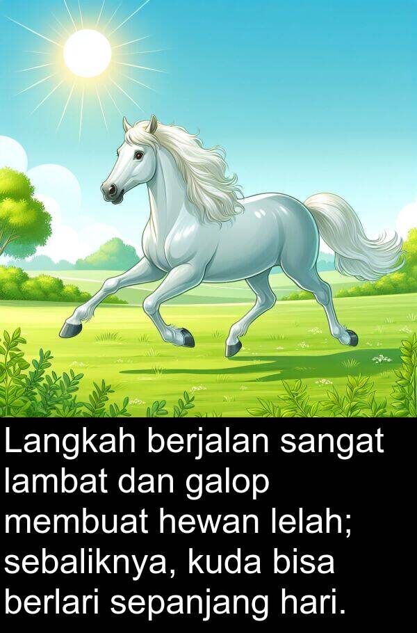 sepanjang: Langkah berjalan sangat lambat dan galop membuat hewan lelah; sebaliknya, kuda bisa berlari sepanjang hari.