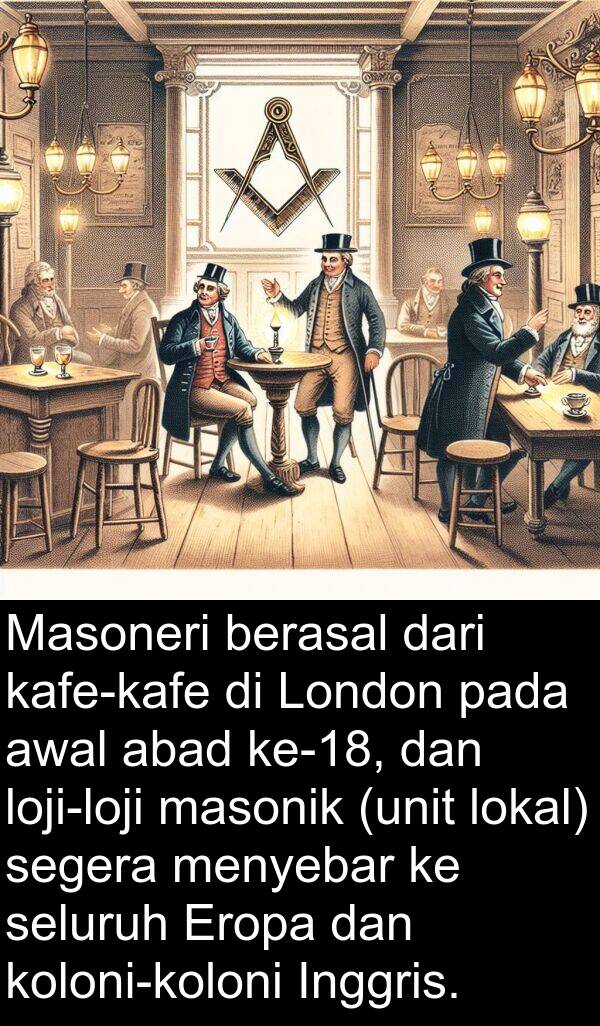 masonik: Masoneri berasal dari kafe-kafe di London pada awal abad ke-18, dan loji-loji masonik (unit lokal) segera menyebar ke seluruh Eropa dan koloni-koloni Inggris.