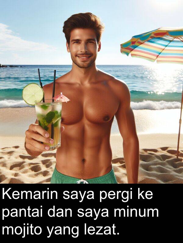 lezat: Kemarin saya pergi ke pantai dan saya minum mojito yang lezat.