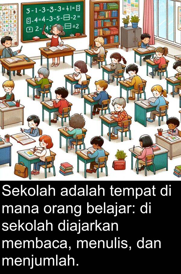 sekolah: Sekolah adalah tempat di mana orang belajar: di sekolah diajarkan membaca, menulis, dan menjumlah.