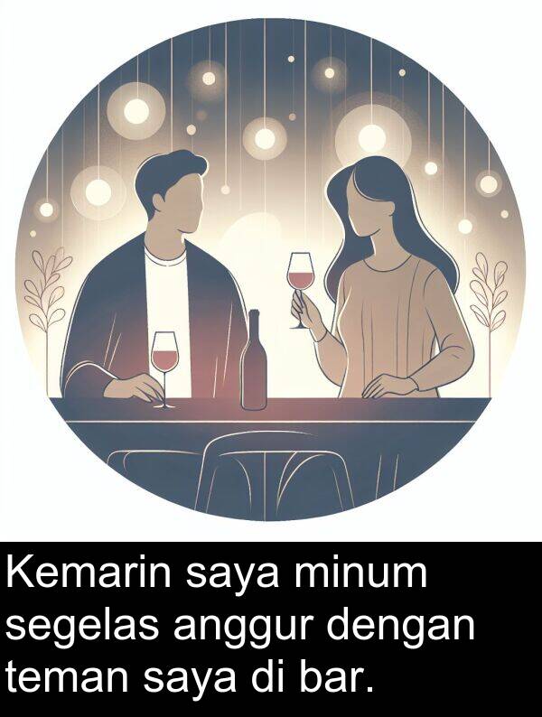 teman: Kemarin saya minum segelas anggur dengan teman saya di bar.