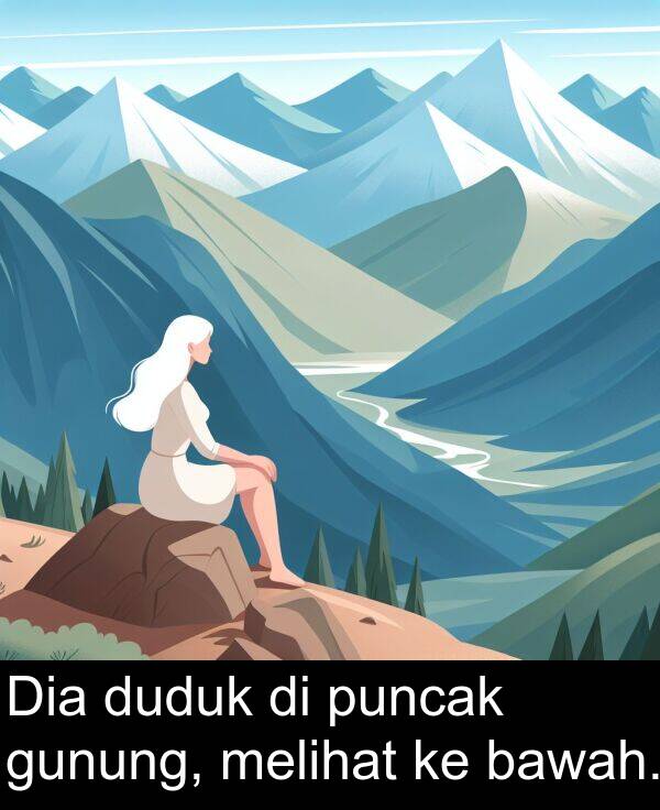melihat: Dia duduk di puncak gunung, melihat ke bawah.