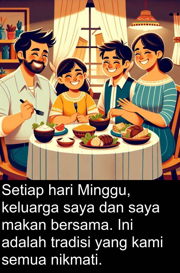 nikmati: Setiap hari Minggu, keluarga saya dan saya makan bersama. Ini adalah tradisi yang kami semua nikmati.