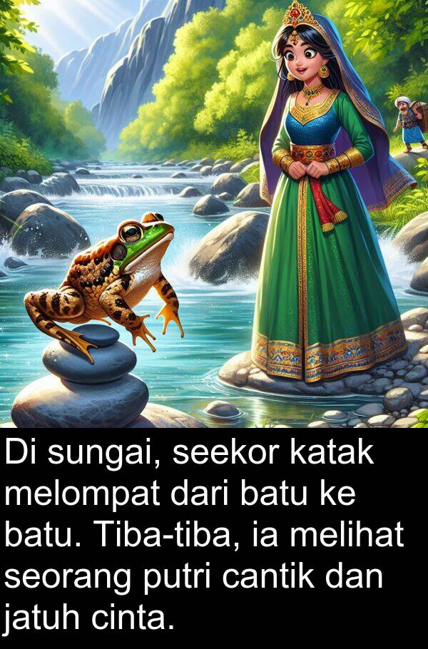 jatuh: Di sungai, seekor katak melompat dari batu ke batu. Tiba-tiba, ia melihat seorang putri cantik dan jatuh cinta.