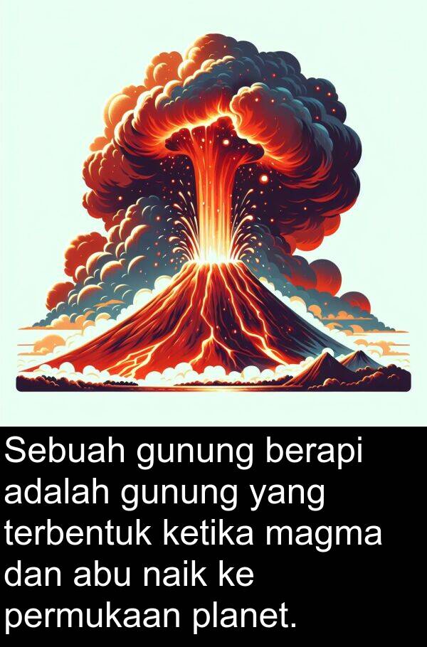 magma: Sebuah gunung berapi adalah gunung yang terbentuk ketika magma dan abu naik ke permukaan planet.