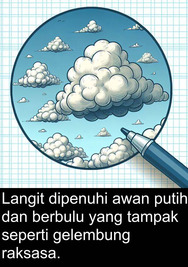 tampak: Langit dipenuhi awan putih dan berbulu yang tampak seperti gelembung raksasa.