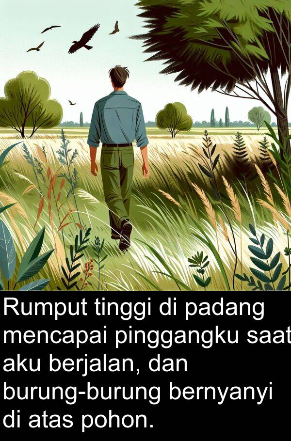 padang: Rumput tinggi di padang mencapai pinggangku saat aku berjalan, dan burung-burung bernyanyi di atas pohon.