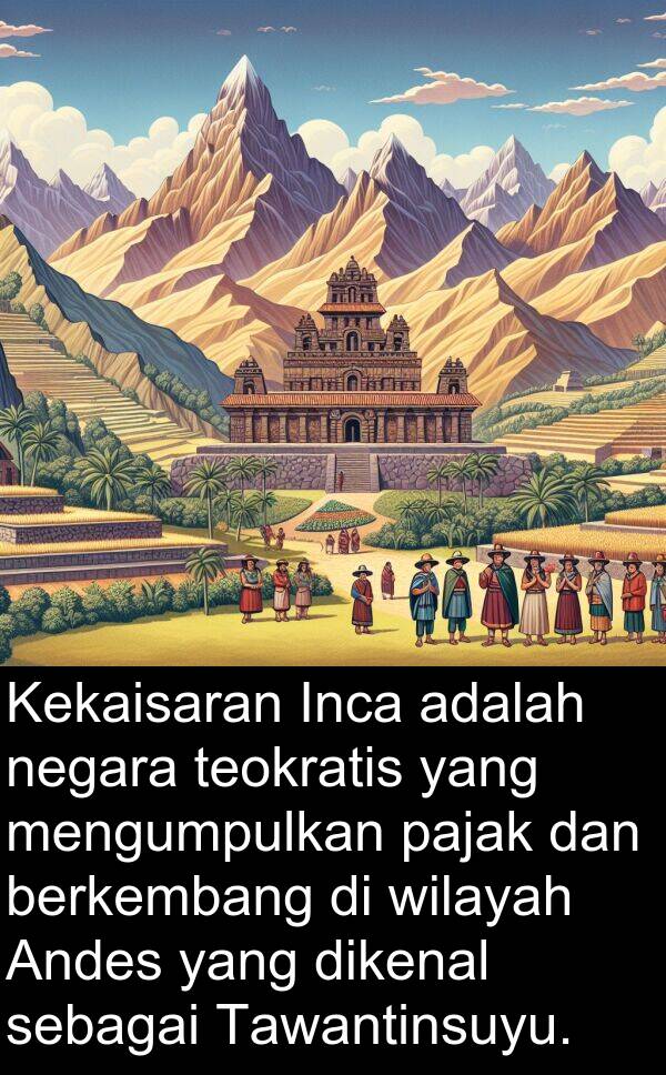wilayah: Kekaisaran Inca adalah negara teokratis yang mengumpulkan pajak dan berkembang di wilayah Andes yang dikenal sebagai Tawantinsuyu.