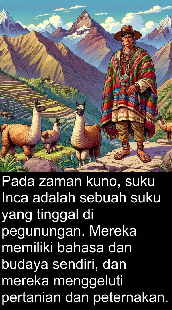 sendiri: Pada zaman kuno, suku Inca adalah sebuah suku yang tinggal di pegunungan. Mereka memiliki bahasa dan budaya sendiri, dan mereka menggeluti pertanian dan peternakan.