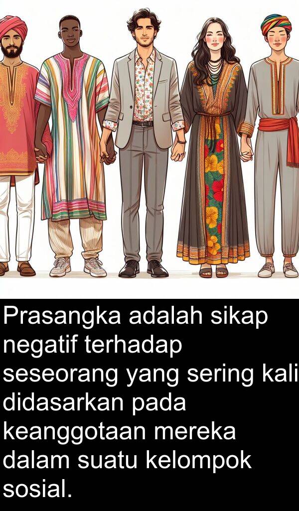terhadap: Prasangka adalah sikap negatif terhadap seseorang yang sering kali didasarkan pada keanggotaan mereka dalam suatu kelompok sosial.