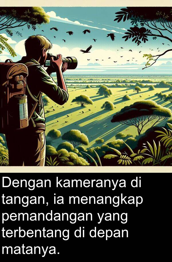 terbentang: Dengan kameranya di tangan, ia menangkap pemandangan yang terbentang di depan matanya.