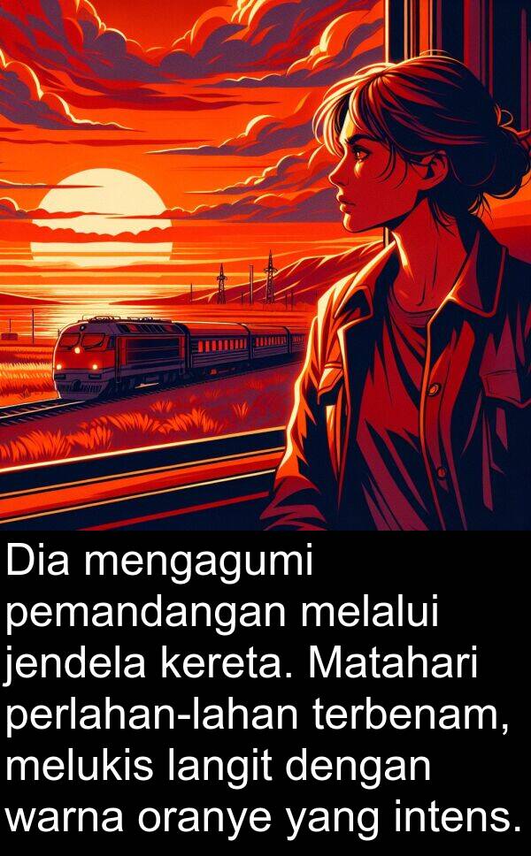 oranye: Dia mengagumi pemandangan melalui jendela kereta. Matahari perlahan-lahan terbenam, melukis langit dengan warna oranye yang intens.