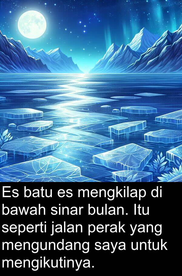 sinar: Es batu es mengkilap di bawah sinar bulan. Itu seperti jalan perak yang mengundang saya untuk mengikutinya.