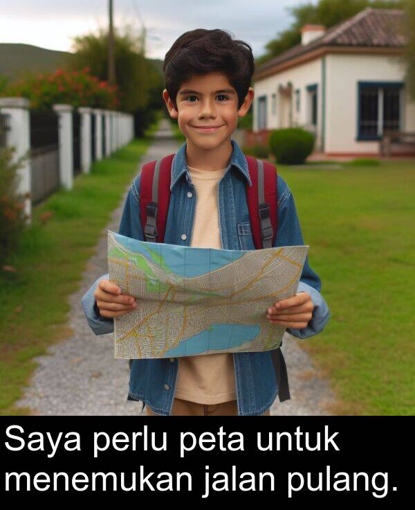 jalan: Saya perlu peta untuk menemukan jalan pulang.