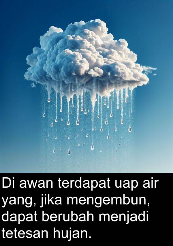 terdapat: Di awan terdapat uap air yang, jika mengembun, dapat berubah menjadi tetesan hujan.