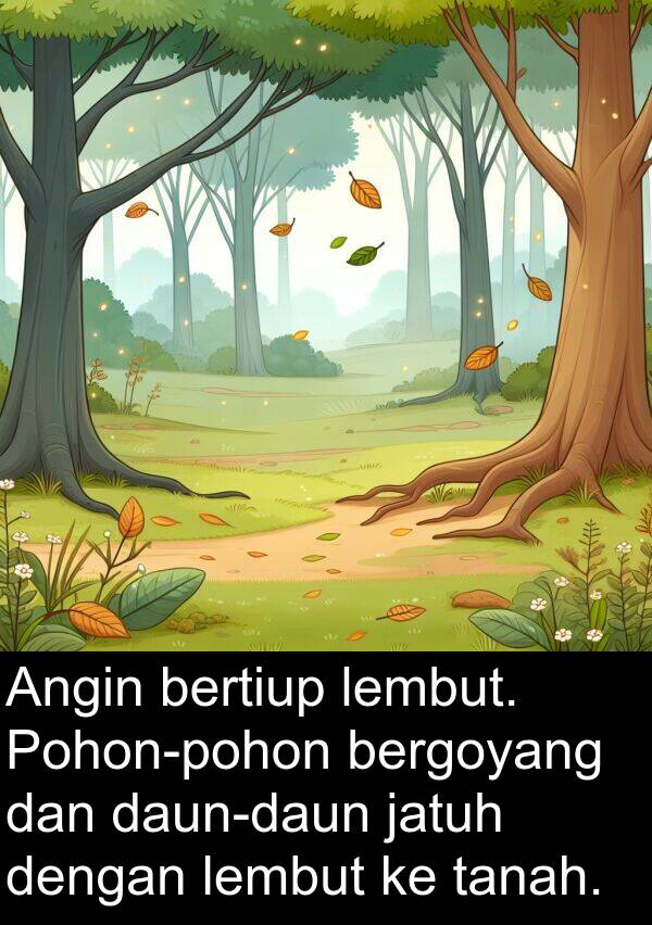 jatuh: Angin bertiup lembut. Pohon-pohon bergoyang dan daun-daun jatuh dengan lembut ke tanah.