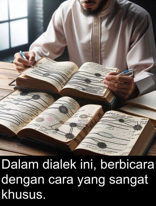 cara: Dalam dialek ini, berbicara dengan cara yang sangat khusus.