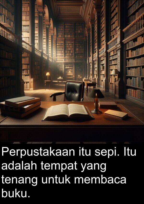 membaca: Perpustakaan itu sepi. Itu adalah tempat yang tenang untuk membaca buku.