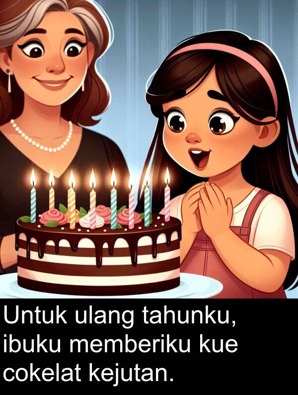 tahunku: Untuk ulang tahunku, ibuku memberiku kue cokelat kejutan.