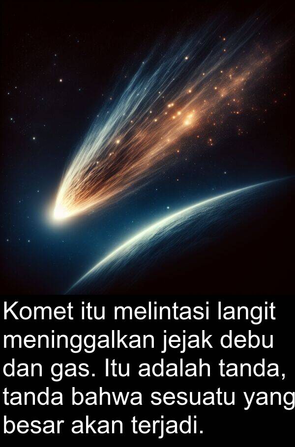 jejak: Komet itu melintasi langit meninggalkan jejak debu dan gas. Itu adalah tanda, tanda bahwa sesuatu yang besar akan terjadi.