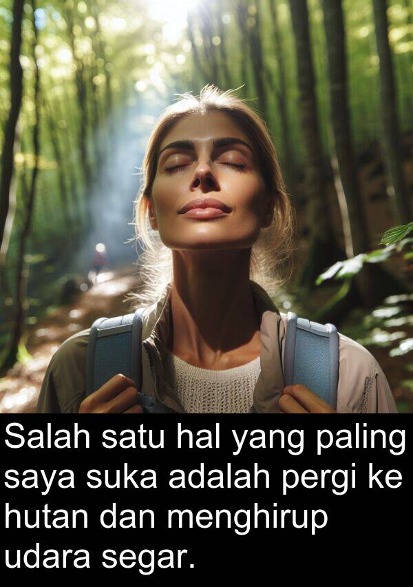 hal: Salah satu hal yang paling saya suka adalah pergi ke hutan dan menghirup udara segar.