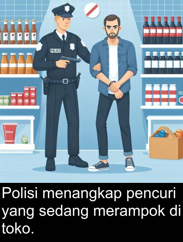 sedang: Polisi menangkap pencuri yang sedang merampok di toko.