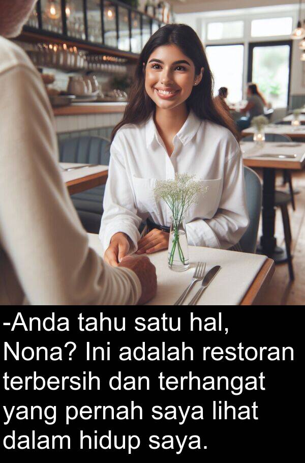 lihat: -Anda tahu satu hal, Nona? Ini adalah restoran terbersih dan terhangat yang pernah saya lihat dalam hidup saya.