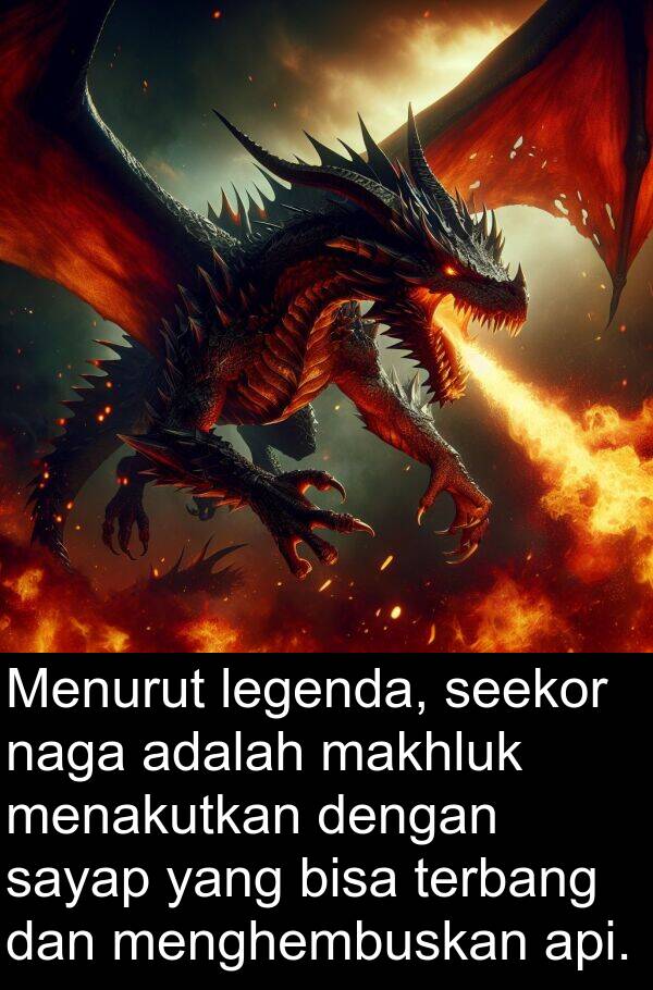 naga: Menurut legenda, seekor naga adalah makhluk menakutkan dengan sayap yang bisa terbang dan menghembuskan api.