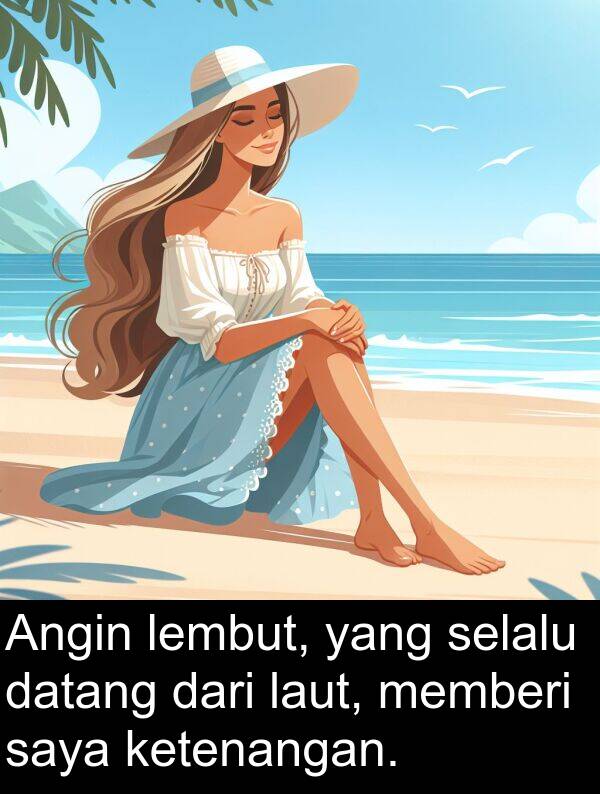 lembut: Angin lembut, yang selalu datang dari laut, memberi saya ketenangan.