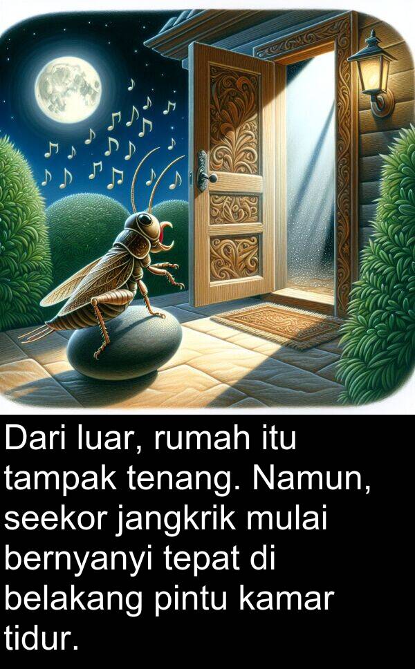 tepat: Dari luar, rumah itu tampak tenang. Namun, seekor jangkrik mulai bernyanyi tepat di belakang pintu kamar tidur.