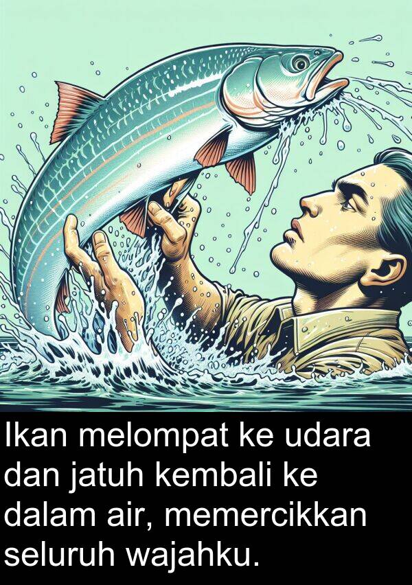 wajahku: Ikan melompat ke udara dan jatuh kembali ke dalam air, memercikkan seluruh wajahku.