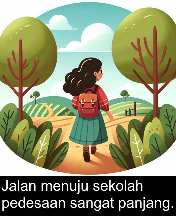 sekolah: Jalan menuju sekolah pedesaan sangat panjang.