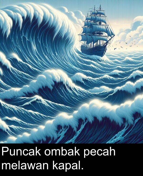 pecah: Puncak ombak pecah melawan kapal.