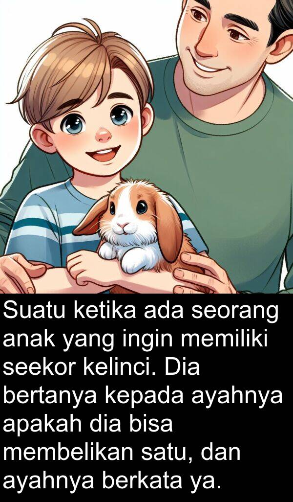 ya: Suatu ketika ada seorang anak yang ingin memiliki seekor kelinci. Dia bertanya kepada ayahnya apakah dia bisa membelikan satu, dan ayahnya berkata ya.
