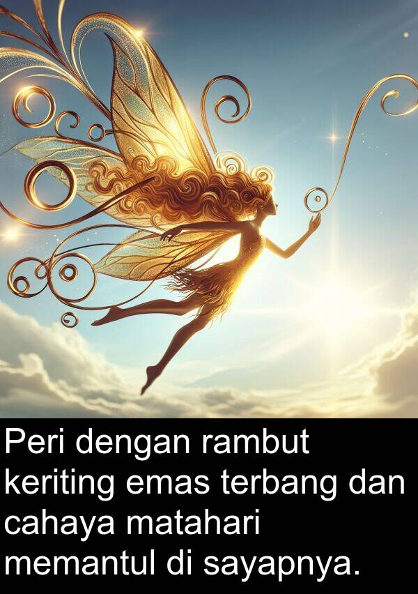 sayapnya: Peri dengan rambut keriting emas terbang dan cahaya matahari memantul di sayapnya.