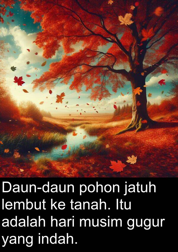 jatuh: Daun-daun pohon jatuh lembut ke tanah. Itu adalah hari musim gugur yang indah.
