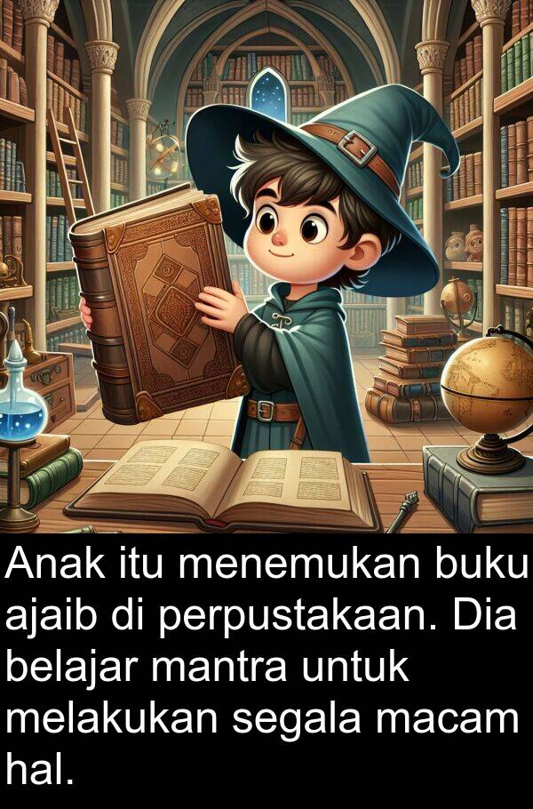 macam: Anak itu menemukan buku ajaib di perpustakaan. Dia belajar mantra untuk melakukan segala macam hal.